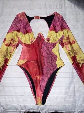 Andrea Iyamah Long-Sleeve One-Piece Swimsuit in Pink, Red & Yellow